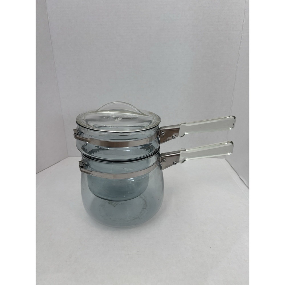 Vintage Pyrex Flameware Glass Double Boiler 1.5 Qt 6763-L Clear Cookware Set Lid